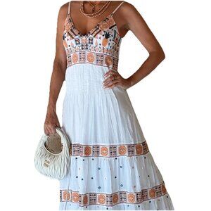 GUADALUPE White "Moana" Embroidered Boho Maxi Dress Sz S